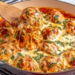 Cheesy Chicken Parmesan Meatballs in a skillet being lifted with a wooden spoon.