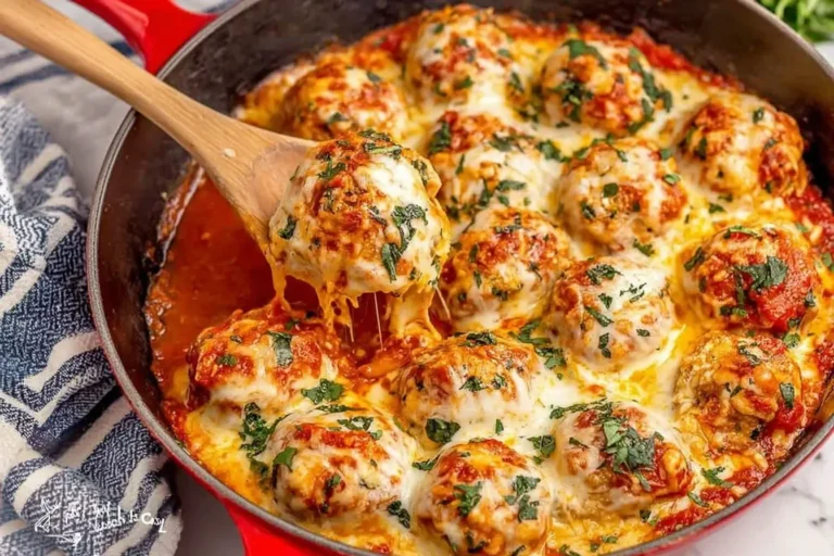 Cheesy Chicken Parmesan Meatballs in red skillet with melted mozzarella and fresh herbs.