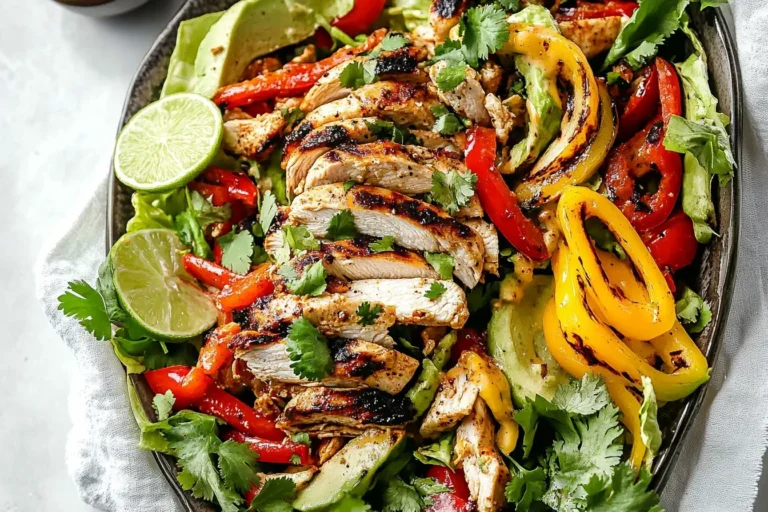 Healthy Chili Lime Chicken Fajita with grilled peppers, avocado, and lime on a bed of fresh greens.