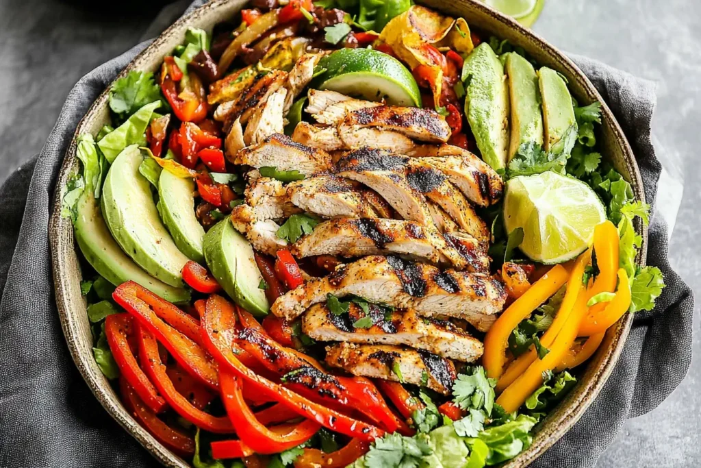 Grilled Healthy Chili Lime Chicken Fajita bowl with avocado, bell peppers, and lime wedges on a bed of fresh lettuce.