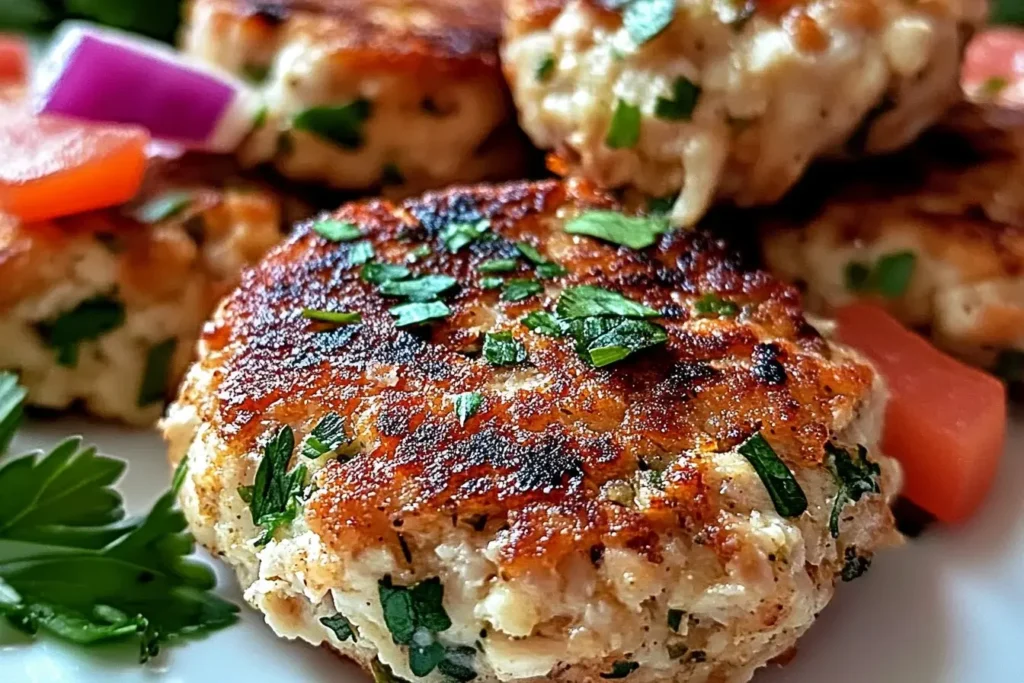 Close-up of Mediterranean Chicken Patties garnished with fresh parsley, showcasing their golden-brown crust and juicy texture.