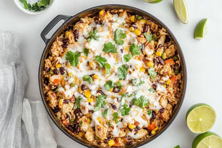 Overhead view of Tex Mex Chicken and Rice in a skillet topped with melted cheese, black beans, corn, and fresh cilantro
