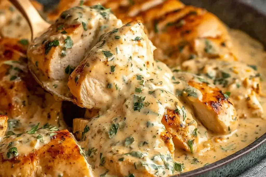 Tender chicken in rich ranch cream sauce – a delicious Ranch Chicken Crock Pot dish.