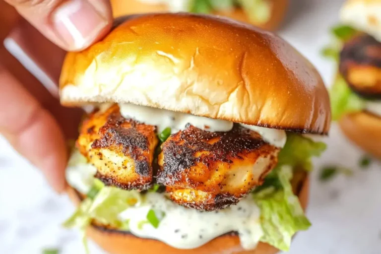 Hand holding an Alabama White Blackened Chicken Slider with crispy blackened chicken, creamy white BBQ sauce, and lettuce on a toasted bun.