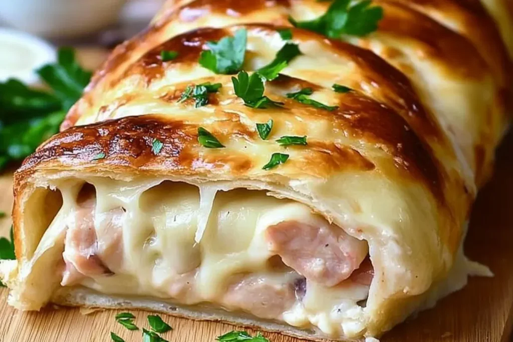 Golden-baked Chicken Cordon Bleu Stromboli sliced open to reveal melted Swiss cheese, ham, and chicken wrapped in flaky dough.