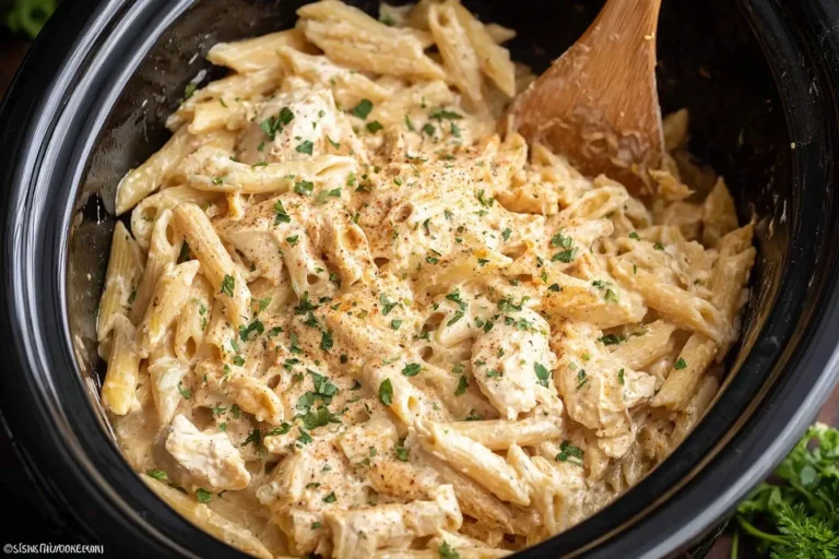 Creamy Crock Pot Creamy Cajun Chicken Pasta topped with parsley in a slow cooker