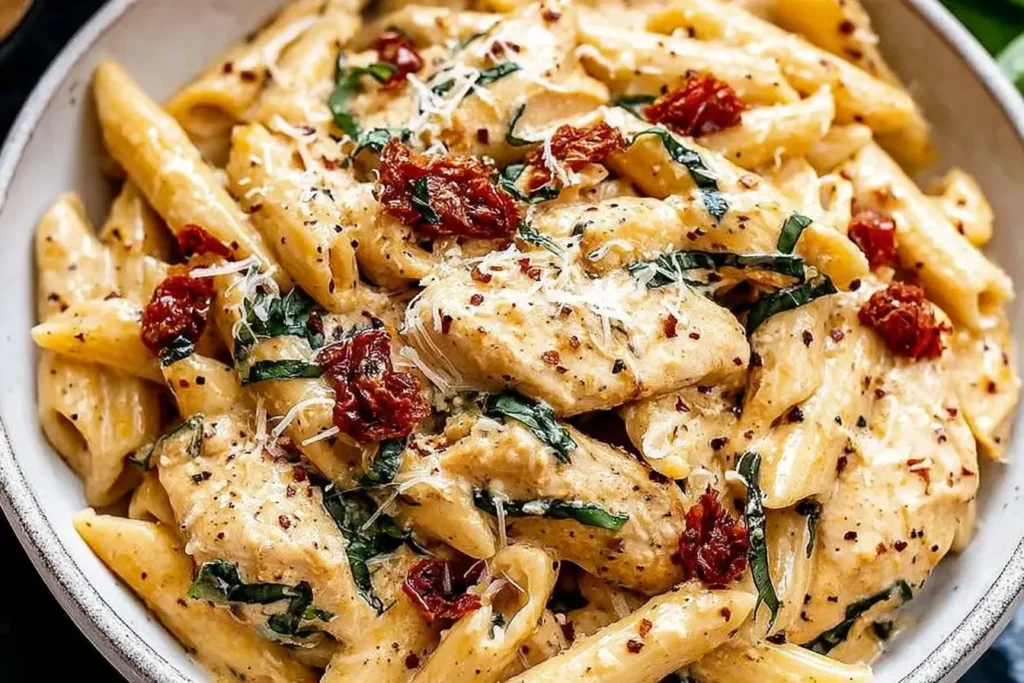 Creamy Best Marry Me Chicken Pasta with sun-dried tomatoes, fresh basil, and penne coated in a rich parmesan sauce.