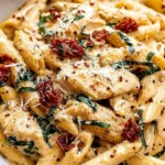 Creamy Best Marry Me Chicken Pasta with sun-dried tomatoes, fresh basil, and penne coated in a rich parmesan sauce.