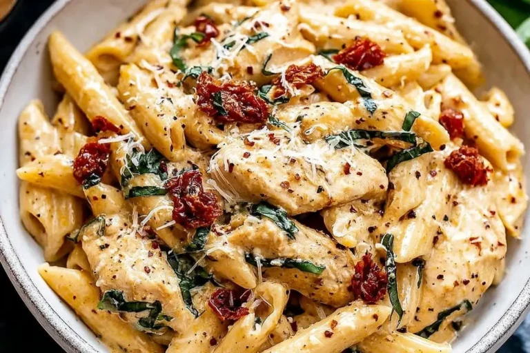 Creamy Best Marry Me Chicken Pasta with sun-dried tomatoes, fresh basil, and penne coated in a rich parmesan sauce.