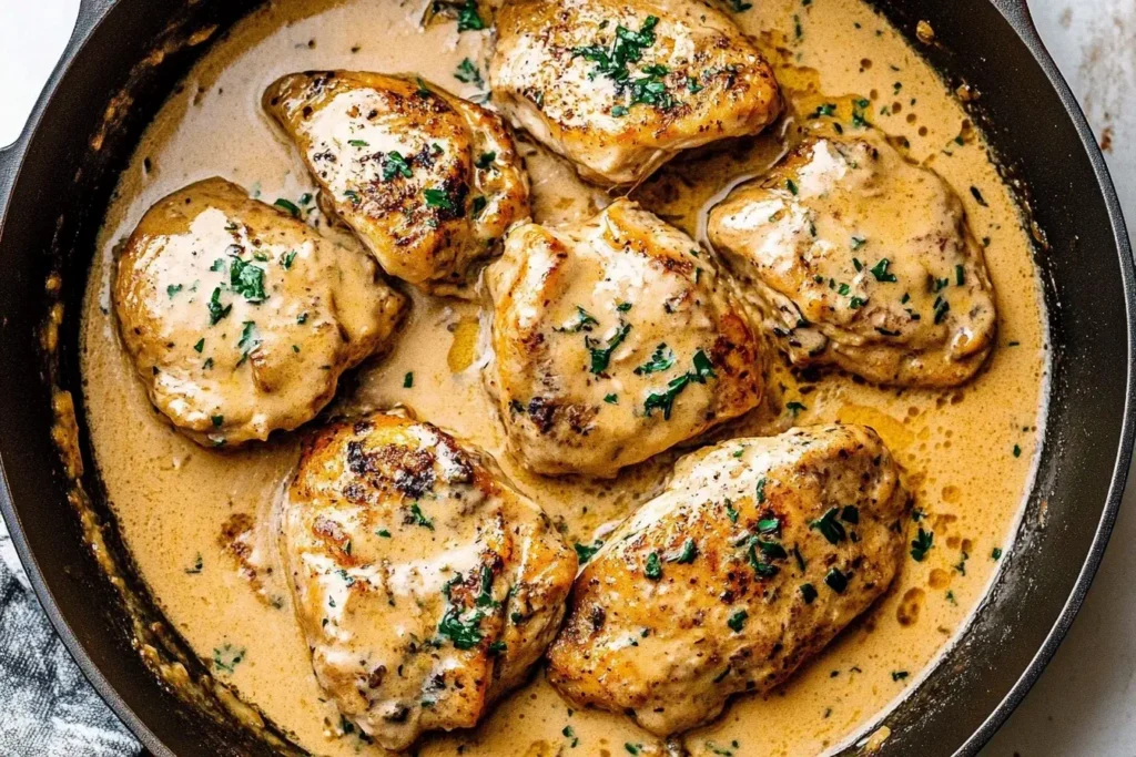 Chicken au Poivre simmering in a creamy peppercorn sauce, garnished with fresh parsley in a black skillet.