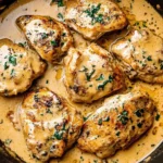 Chicken au Poivre simmering in a creamy peppercorn sauce, garnished with fresh parsley in a black skillet.