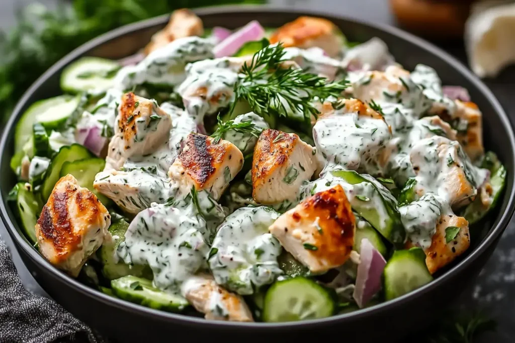 Bowl of Mediterranean Tzatziki Chicken Salad with grilled chicken, cucumbers, red onions, and creamy yogurt dill dressing.
