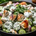 Bowl of Mediterranean Tzatziki Chicken Salad with grilled chicken, cucumbers, red onions, and creamy yogurt dill dressing.