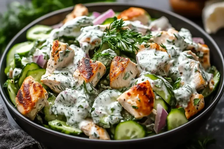 Bowl of Mediterranean Tzatziki Chicken Salad with grilled chicken, cucumbers, red onions, and creamy yogurt dill dressing.