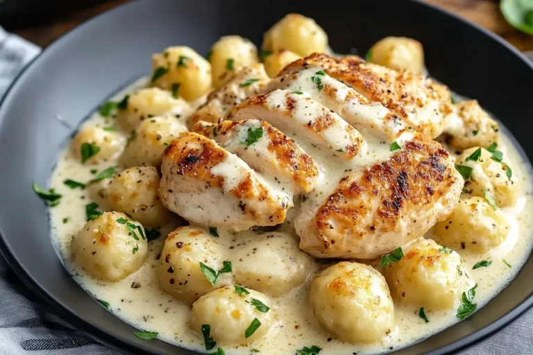 Creamy Asiago Chicken and Gnocchi served with seared chicken breast and golden potato gnocchi in a rich cheese sauce