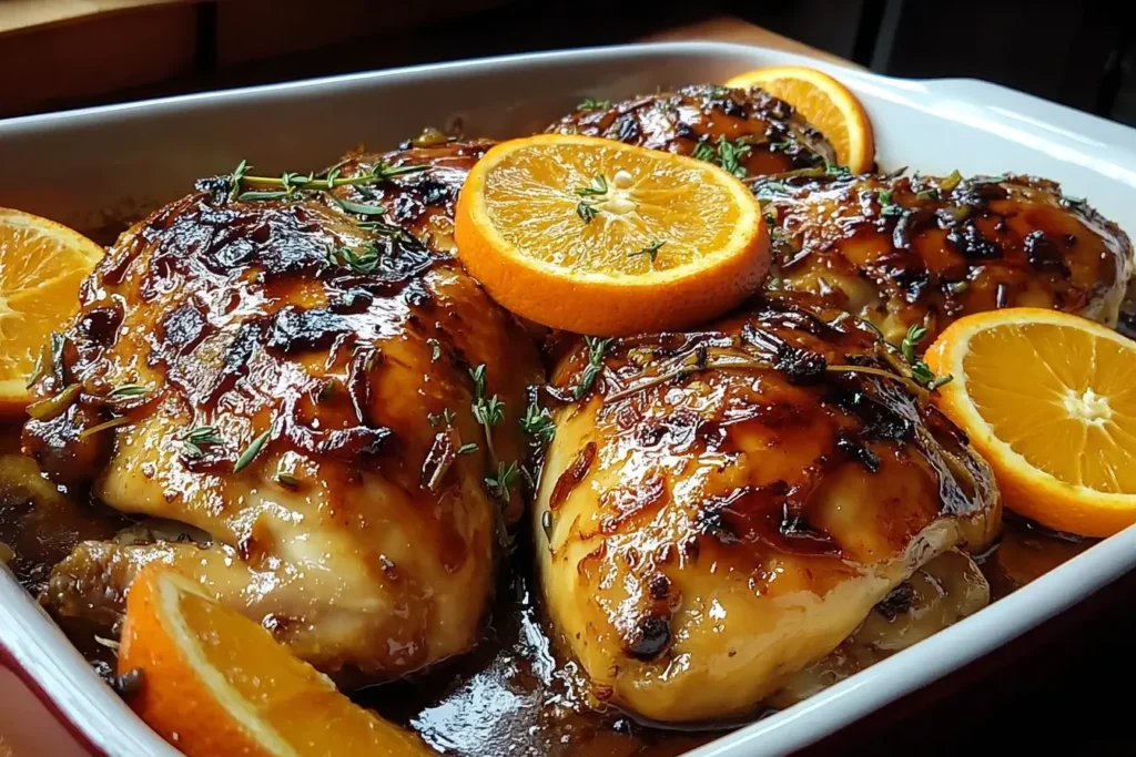 Roasted Orange Chicken glazed with citrus sauce, garnished with fresh thyme and orange slices in a white baking dish.