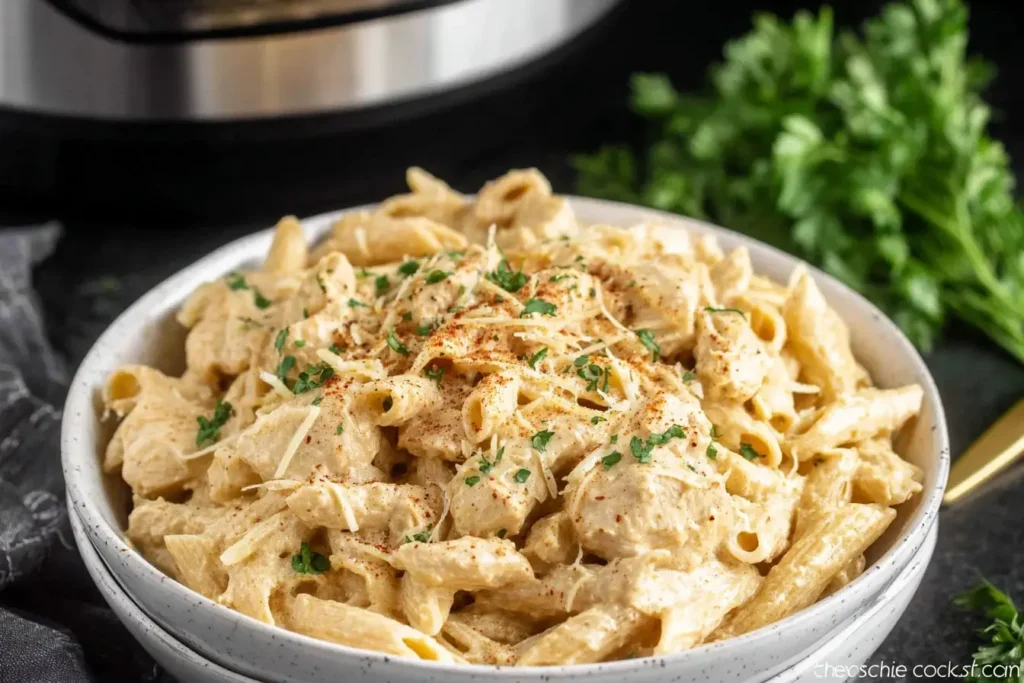 Bowl of Crock Pot Creamy Cajun Chicken Pasta garnished with parsley and Parmesan cheese