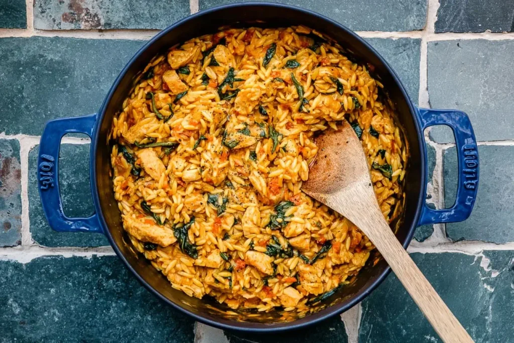 Creamy Cajun Chicken Orzo in a blue Dutch oven with wooden spoon