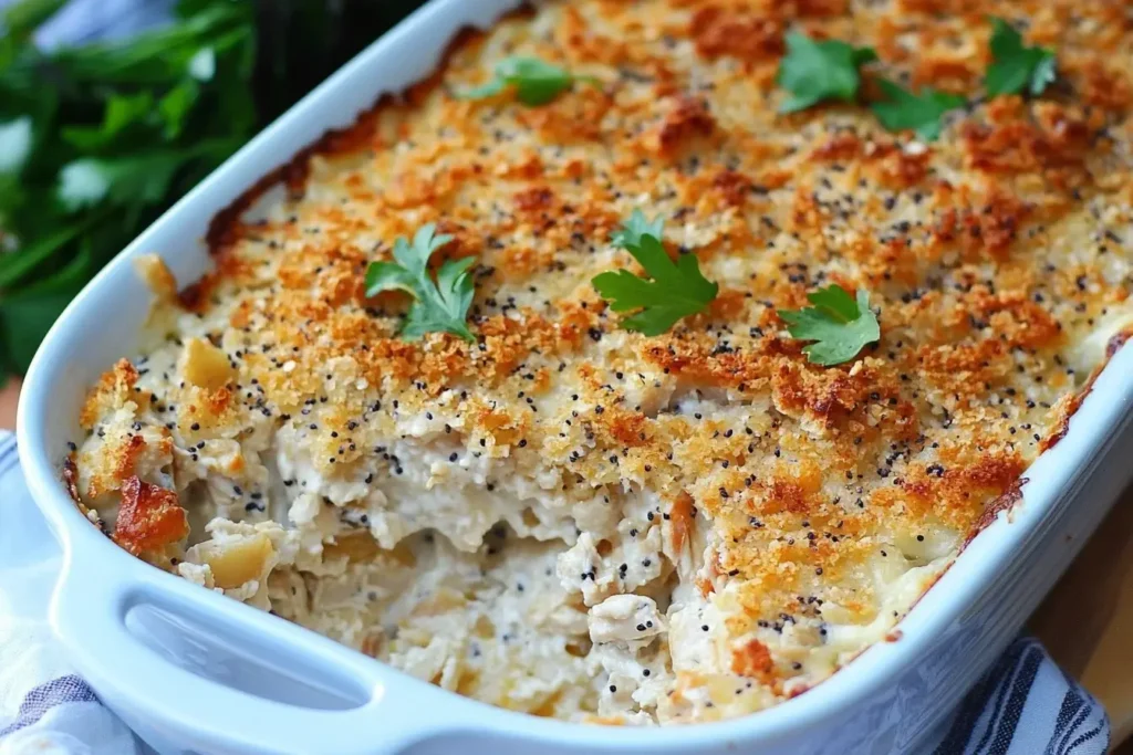 Golden-baked Southern Poppy Seed Chicken Casserole in a white dish with a creamy interior and crispy cracker topping, garnished with fresh parsley.