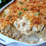 A spoonful of creamy Southern Poppy Seed Chicken Casserole lifted from a baking dish, showcasing its golden cracker topping and rich, cheesy filling.