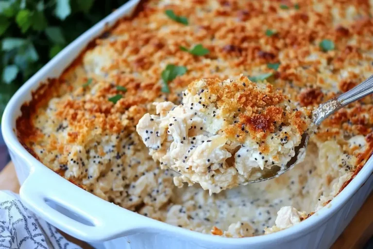 A spoonful of creamy Southern Poppy Seed Chicken Casserole lifted from a baking dish, showcasing its golden cracker topping and rich, cheesy filling.