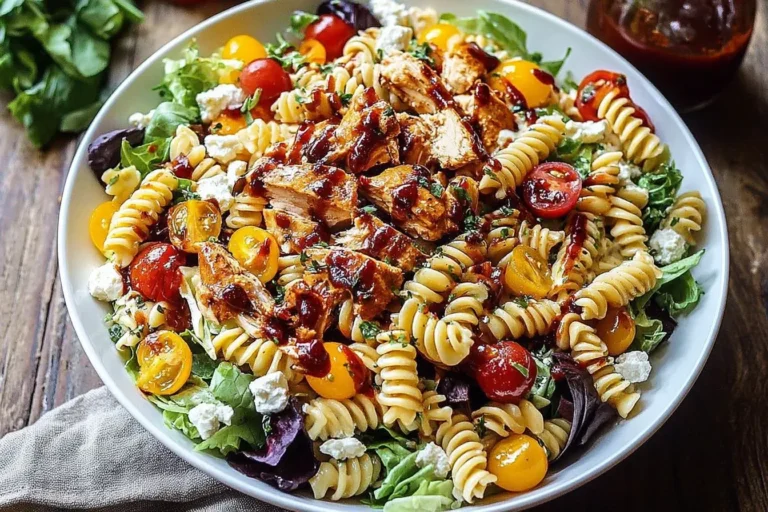 BBQ Chicken Ranch Pasta Salad with rotini pasta, grilled BBQ chicken, colorful cherry tomatoes, and greens in a white serving bowl.