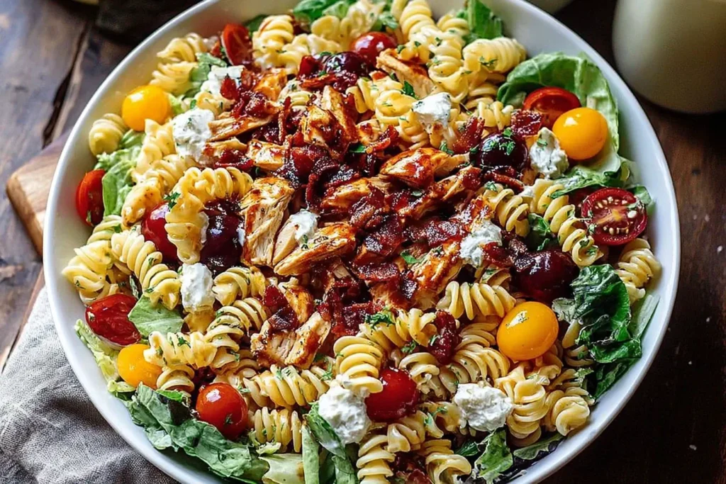 BBQ Chicken Ranch Pasta Salad with rotini, grilled chicken, cherry tomatoes, and creamy dressing in a white bowl.