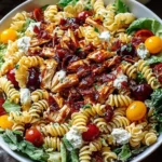BBQ Chicken Ranch Pasta Salad with rotini, grilled chicken, cherry tomatoes, and creamy dressing in a white bowl.