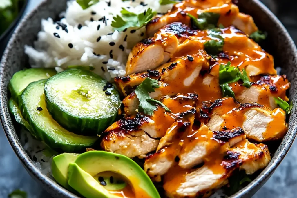 Close-up of Spicy Honey-Ginger Chicken Bowls with Yum Yum Sauce, served with rice, avocado, and cucumber slices.