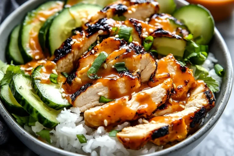 Close-up of Spicy Honey-Ginger Chicken Bowls with Yum Yum Sauce topped with scallions, sesame seeds, and served over rice with cucumber slices.