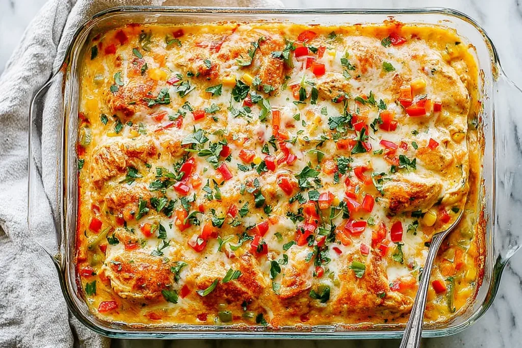 Close-up of Creamy Baked Fajita Chicken Casserole with golden cheese and colorful peppers