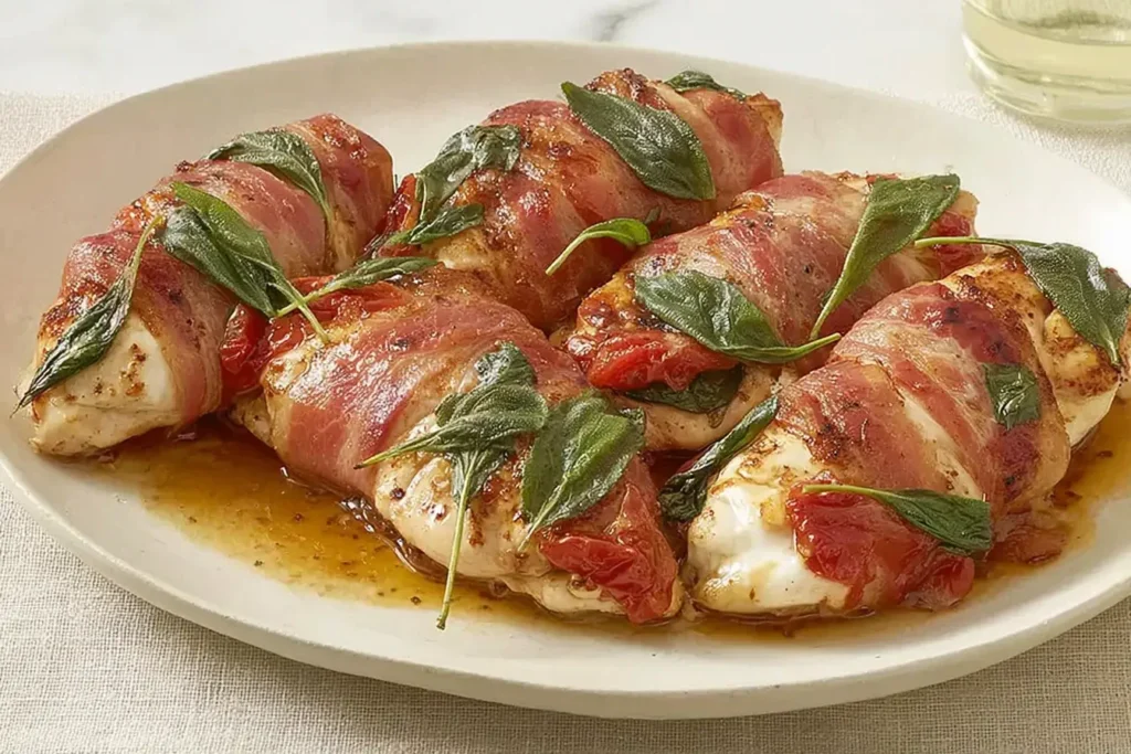 Baked Chicken Saltimbocca wrapped in prosciutto with crispy sage and tomatoes