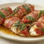 Baked Chicken Saltimbocca wrapped in prosciutto with crispy sage and tomatoes