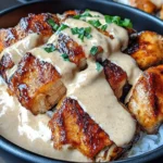 Close-up of Chicken Rice Bowls with Creamy Garlic Sauce featuring grilled chicken, white rice, and a rich garlic sauce drizzle.