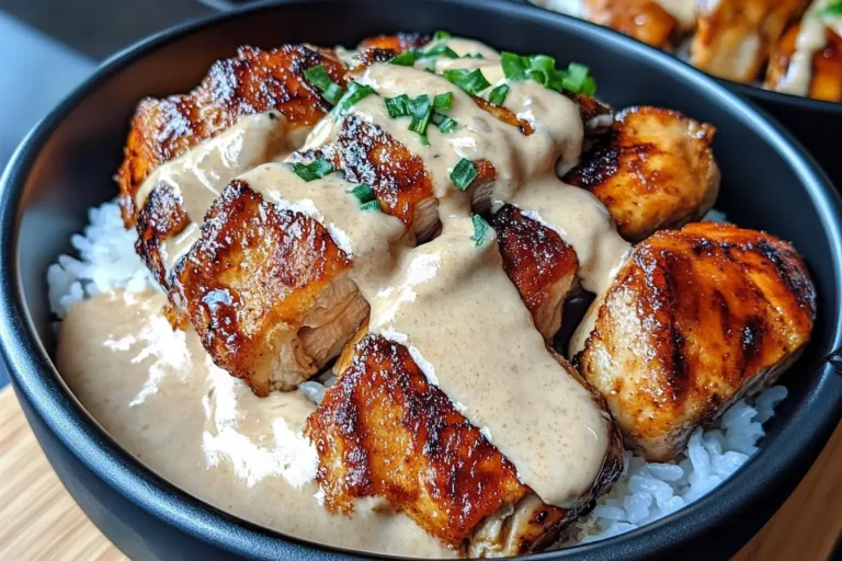 Close-up of Chicken Rice Bowls with Creamy Garlic Sauce featuring grilled chicken, white rice, and a rich garlic sauce drizzle.