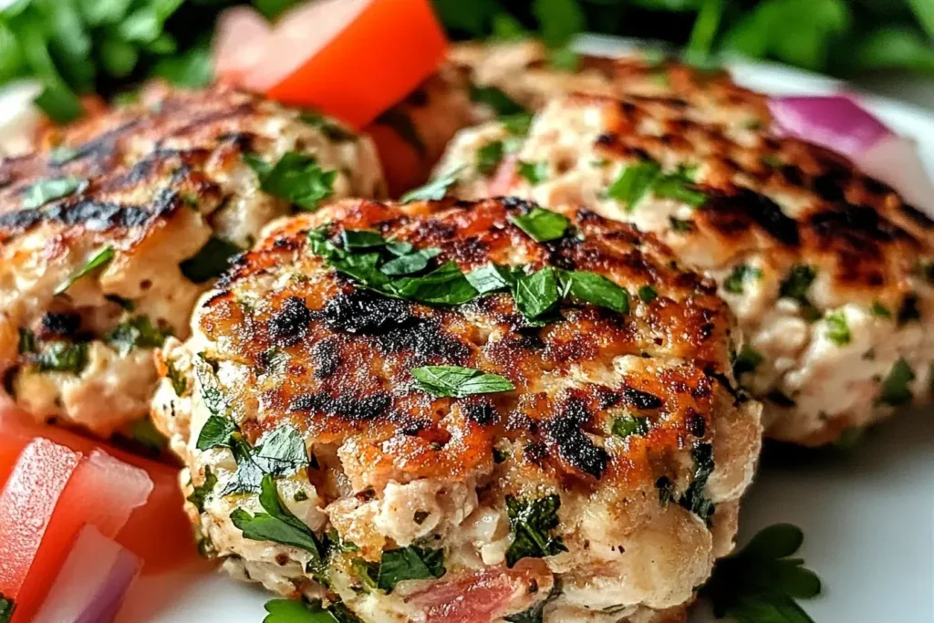 Close-up of golden-brown Mediterranean Chicken Patties with fresh herbs, served with diced tomatoes and red onions.