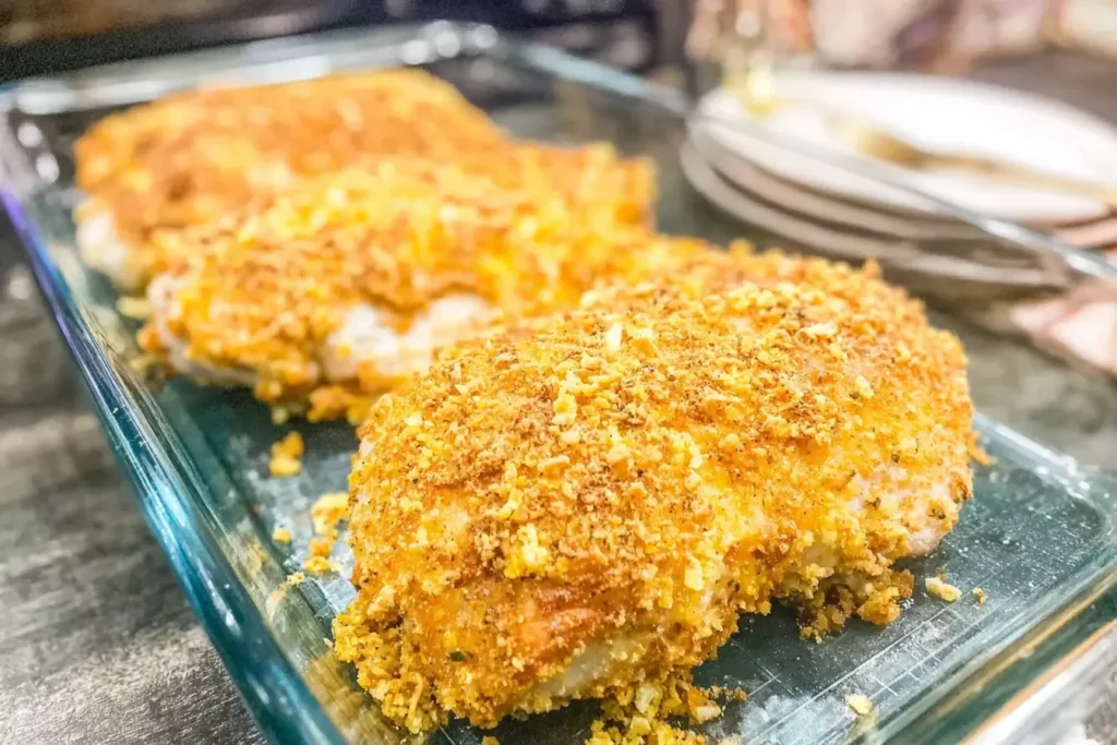 Crispy Baked Ranch Chicken in a glass baking dish, showcasing golden, crunchy coating fresh from the oven