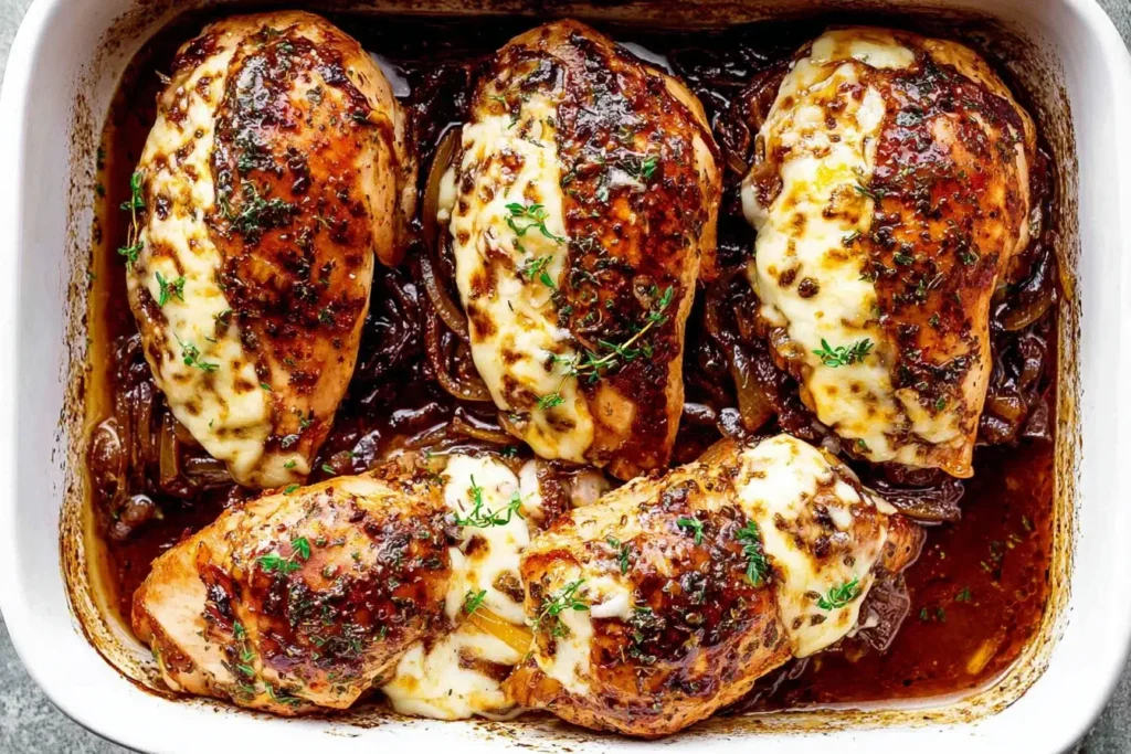 French Onion Stuffed Chicken baked in a dish with caramelized onions and melted cheese