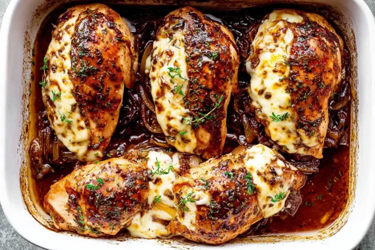 French Onion Stuffed Chicken baked in a dish with caramelized onions and melted cheese