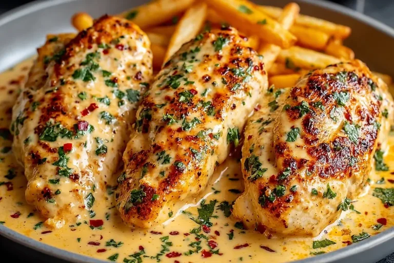 Chicken Fillet in Spicy Creamy Garlic Parmesan Sauce topped with herbs and served with fries