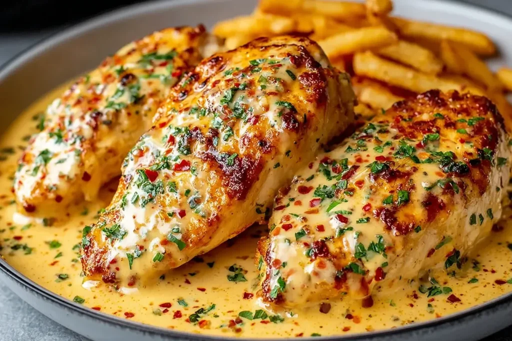 Chicken Fillet in Spicy Creamy Garlic Parmesan Sauce served with golden fries on a plate