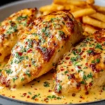 Chicken Fillet in Spicy Creamy Garlic Parmesan Sauce served with golden fries on a plate
