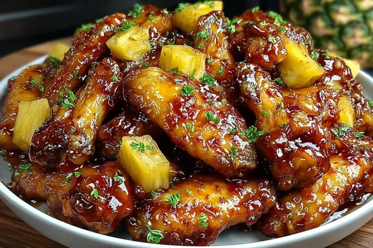 Sticky Brown Sugar Pineapple Wings glazed with sweet and tangy sauce, garnished with pineapple chunks and fresh herbs.