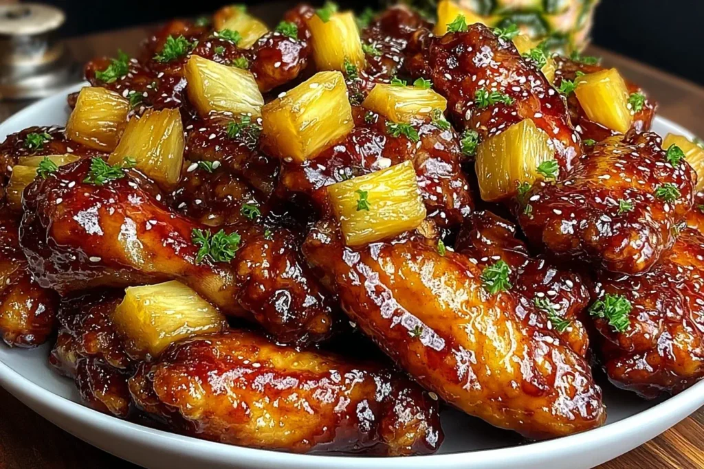 Close-up of sticky Brown Sugar Pineapple Wings topped with pineapple chunks and sprinkled with fresh herbs, glistening with a rich glaze.