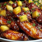 Close-up of sticky Brown Sugar Pineapple Wings topped with pineapple chunks and sprinkled with fresh herbs, glistening with a rich glaze.