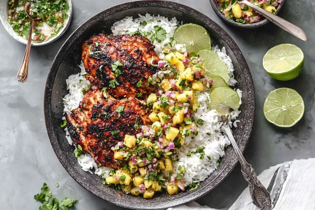 Caribbean Jerk Chicken with Pineapple Salsa plated over white rice with lime slices and fresh herbs in a dark bowl.