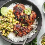 Caribbean Jerk Chicken with Pineapple Salsa served over white rice with lime wedges in a dark bowl.