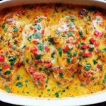 Queso Baked Chicken in a white casserole dish, topped with melted cheese, tomatoes, and fresh parsley in a creamy Tex-Mex sauce.