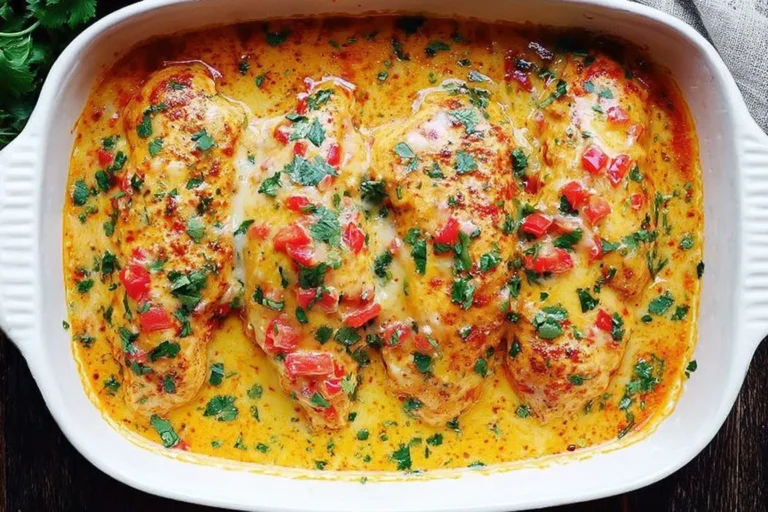 Queso Baked Chicken in a white casserole dish, topped with melted cheese, tomatoes, and fresh parsley in a creamy Tex-Mex sauce.