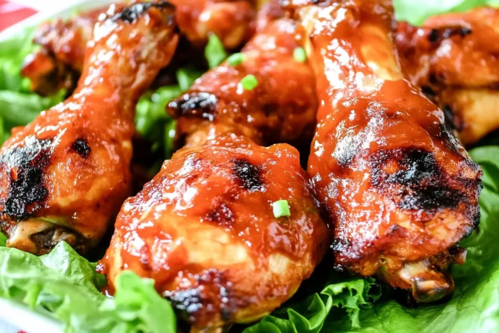 Close-up of juicy Dr Pepper Chipotle Grilled Chicken legs glazed with spicy barbecue sauce and served on a bed of fresh lettuce.